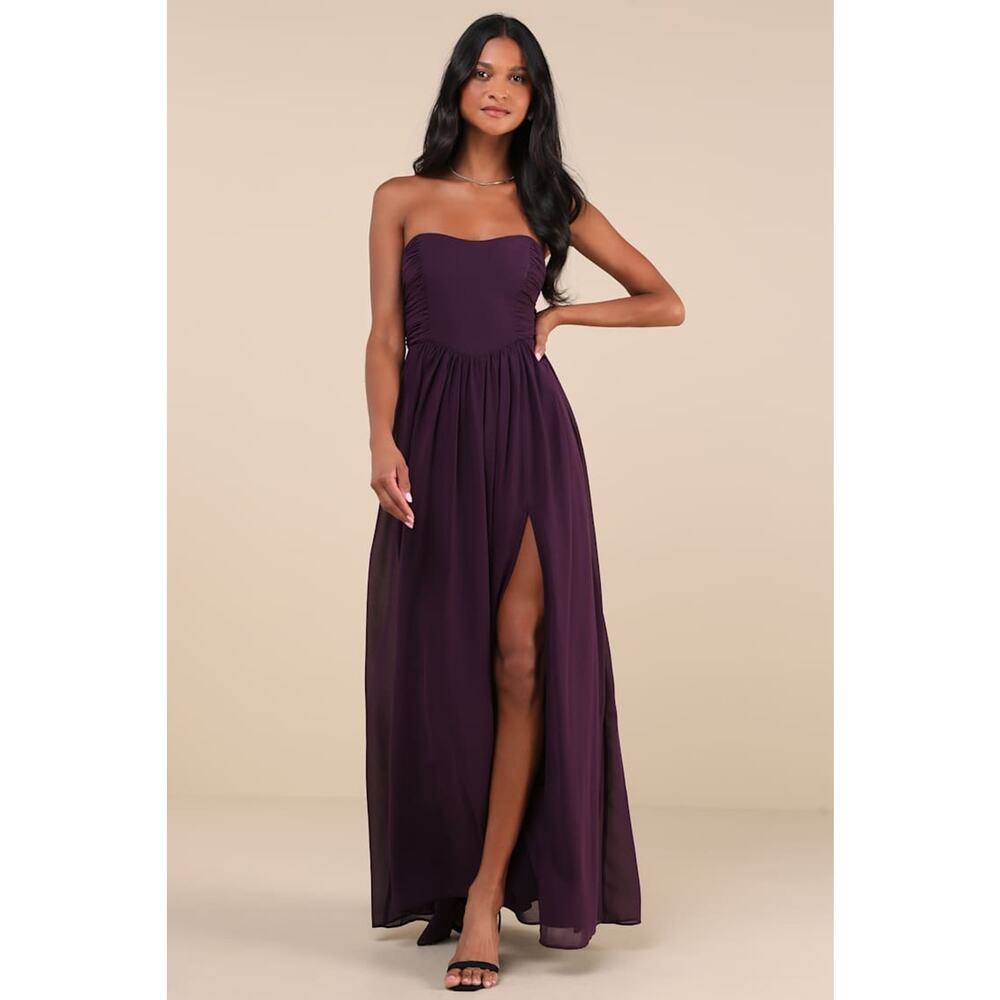 NWT Lulus Luxe Favorite Dark Purple Strapless Ruched Maxi Dress Bridesmaid Sz 2X